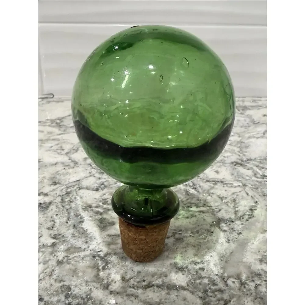 Vintage Hand Blown Emerald Green Glass Ball Decanter Stopper Replacement w/ Cork
